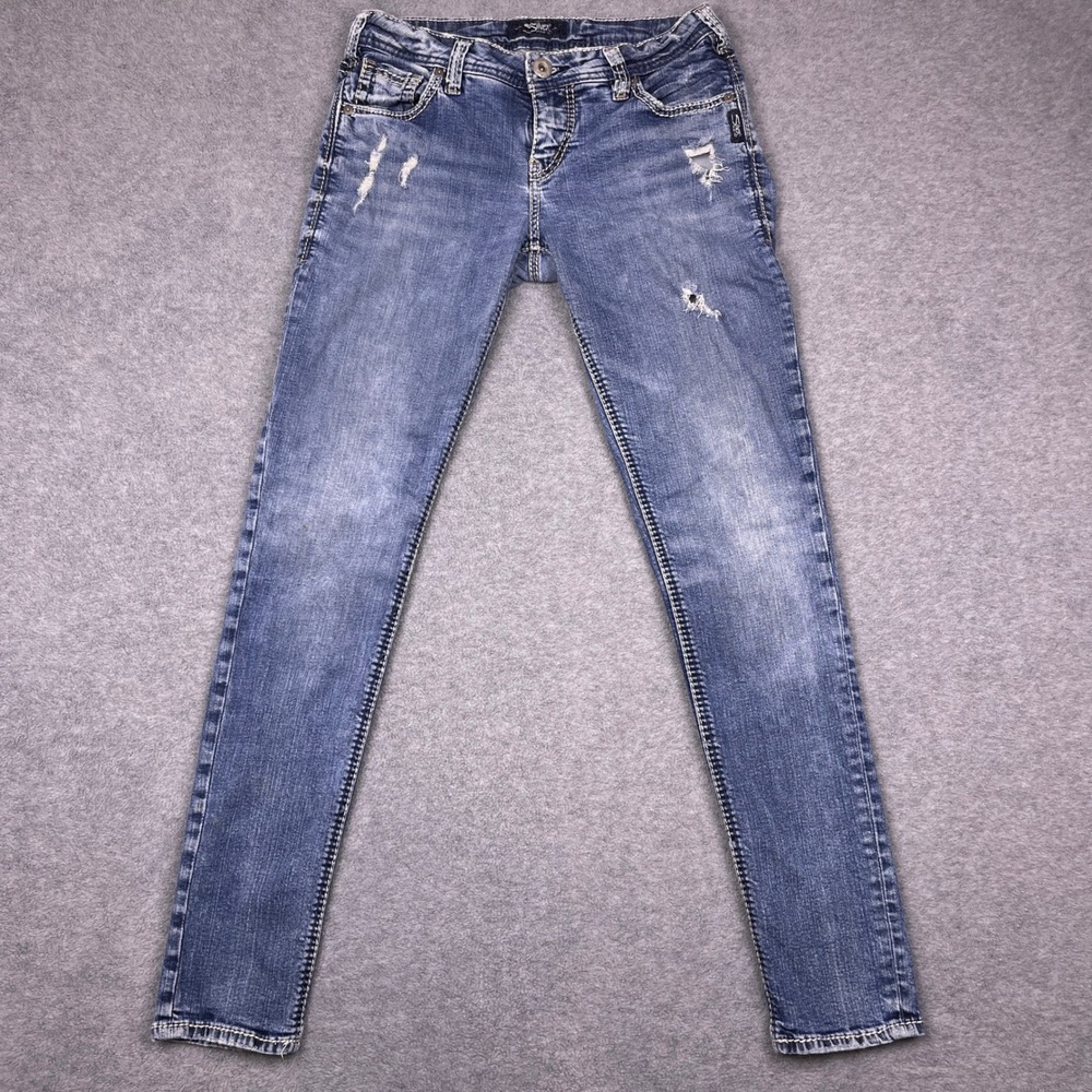 Y2k Silver Jeans Girlfriend Womens 30x31 Blue Distressed Redline
